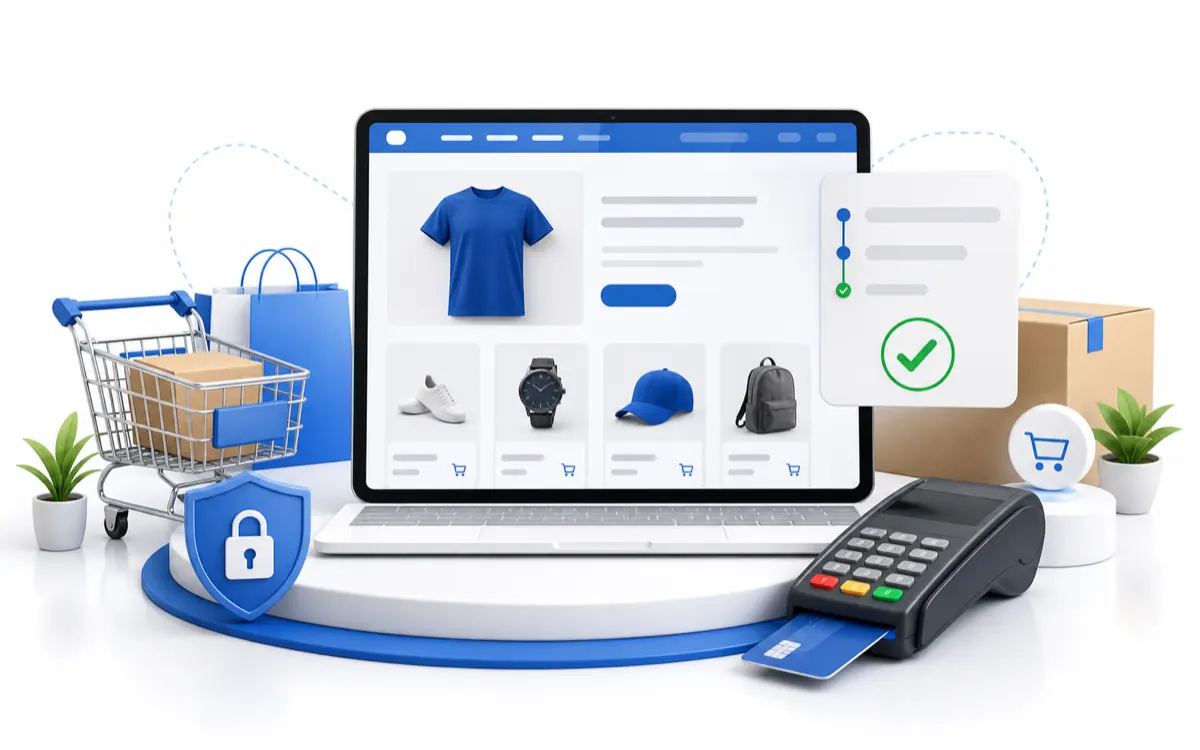 Online store checkout setup with product cards, secure payment, and shipping elements
