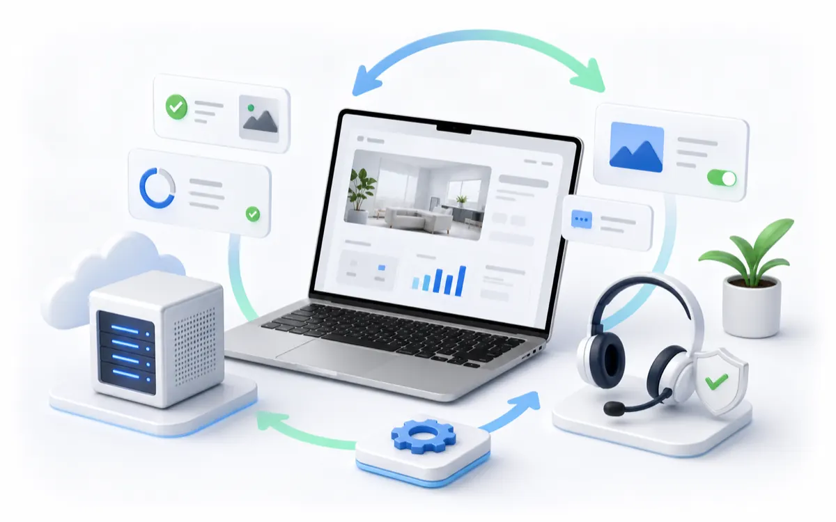 Website management dashboard with hosting, updates, and support tools