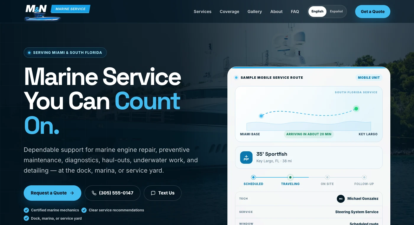 M&N Marine Service bilingual mobile marine repair website homepage preview